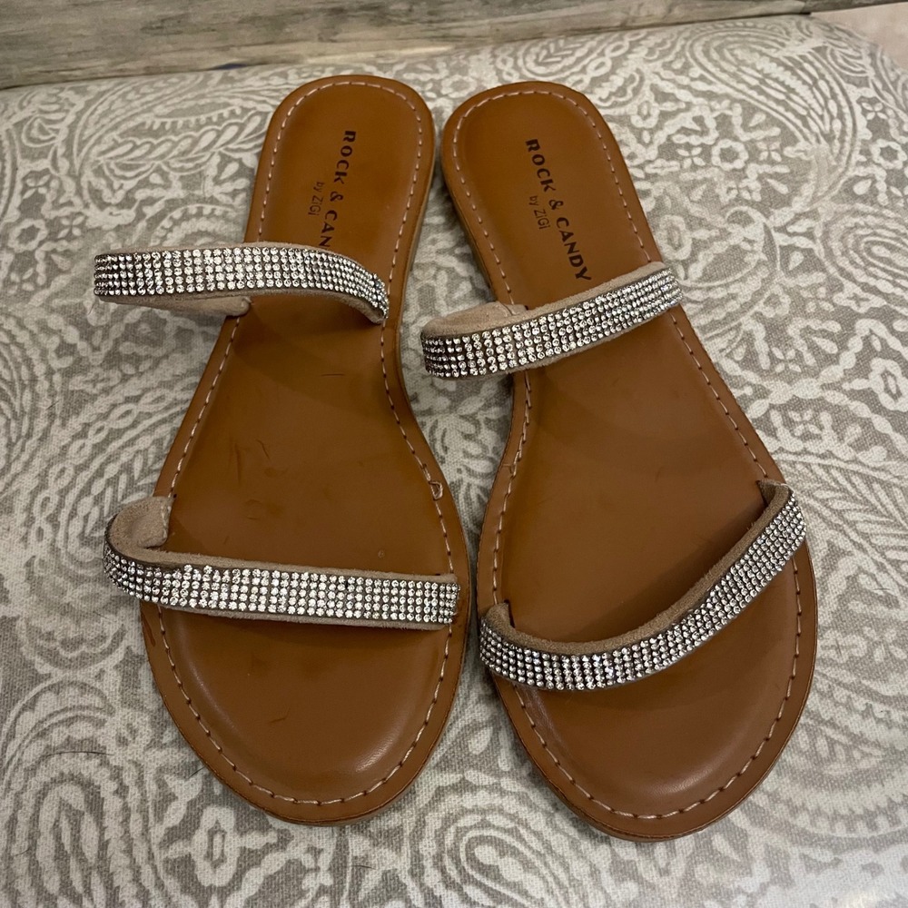 Rock &‎ Candy by Zigi Sandals Women's Size 8 Brown Rhinestone Embellished